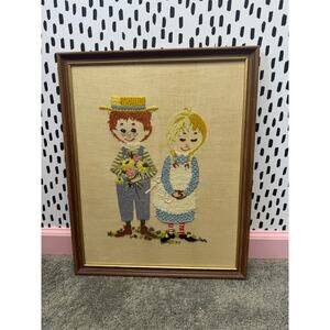 Vintage Crewel Embroidery: Country Boy & Girl w Flowers, Framed Linen Wall Art